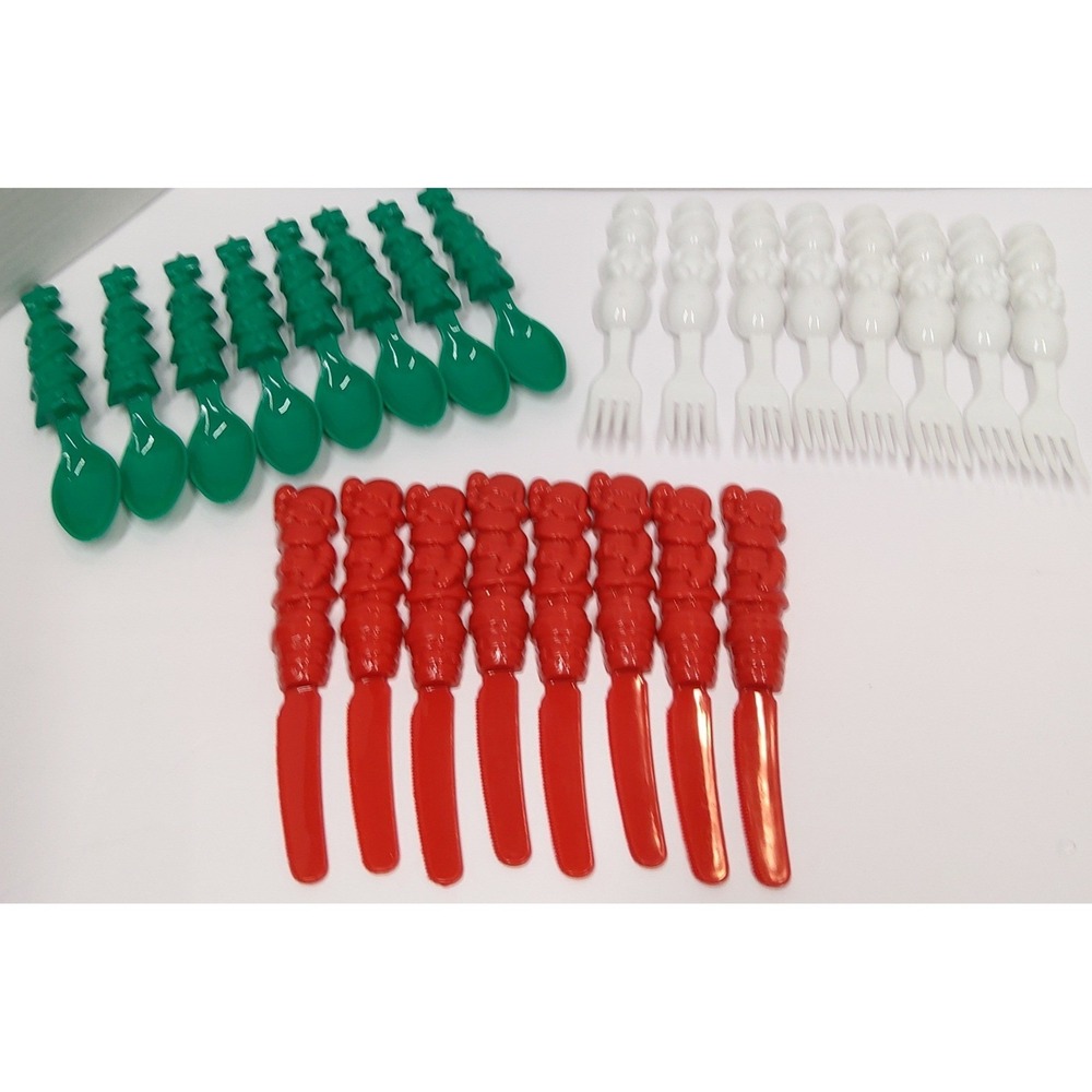 VTG Character Cutlery Christmas plastic utensils 24 pc set Santa/Snowman/Tree